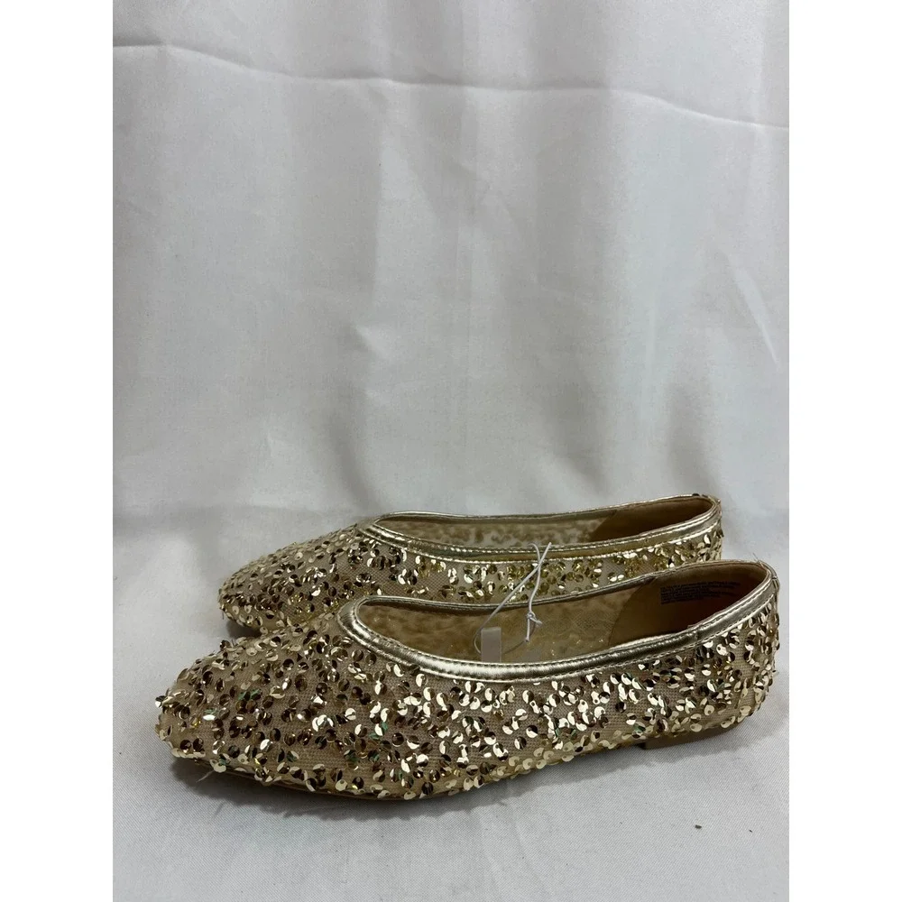 A New Day Womens Gold Sequin Ballet Flats Mesh Slip On Dress Shoes Size 9.5